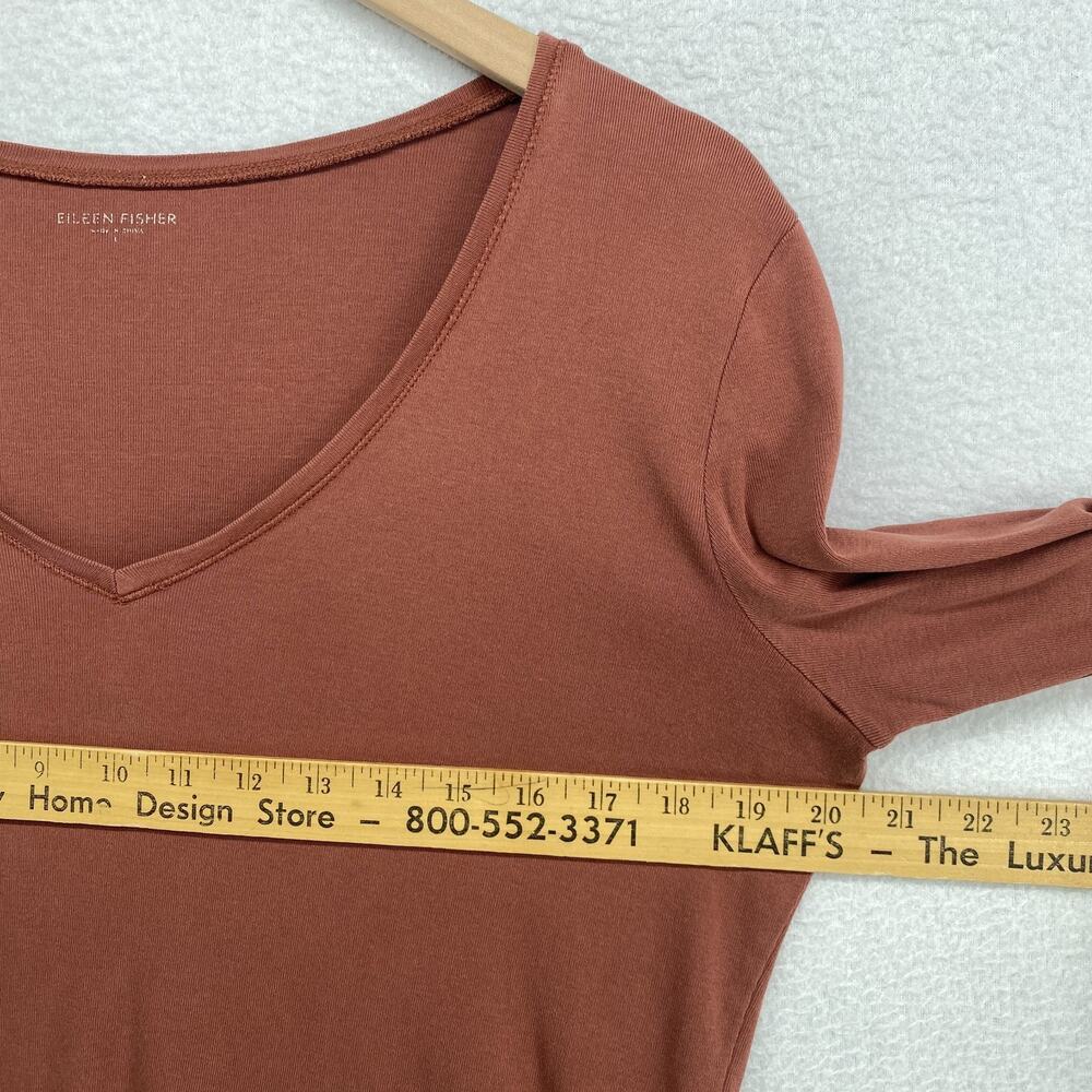 EILEEN FISHER Top L Organic Cotton Ribbed Jersey V-Neck 3/4 Sleeve Basic Brown - Picture 8 of 10